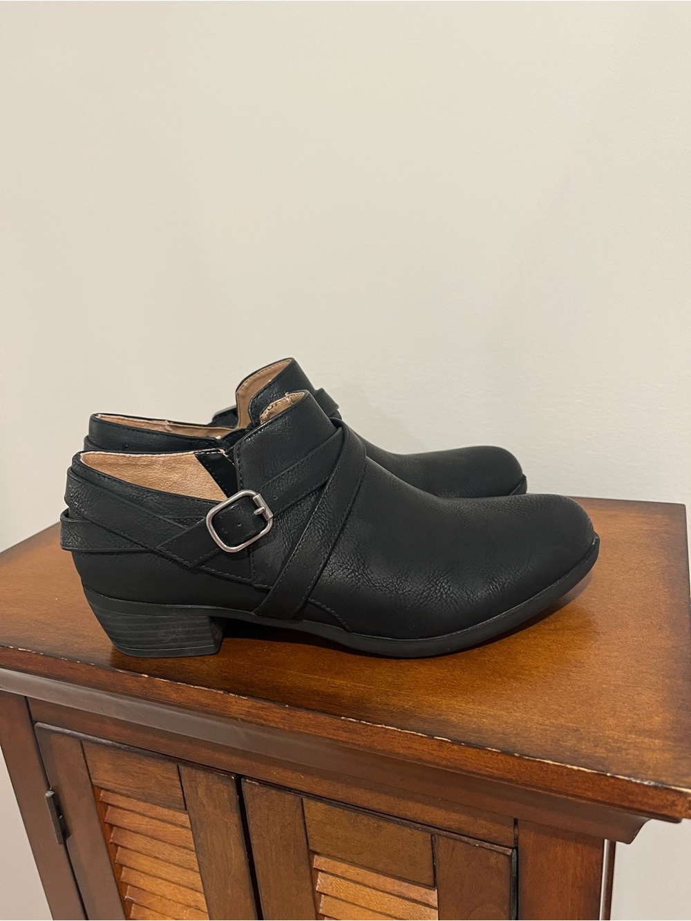 Life Stride Black Buckle Strap Ankle Booties